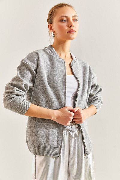 Bianco Lucci Women's Silvery Pocket Zippered Knitwear Cardigan