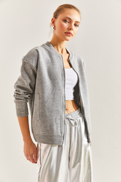 Bianco Lucci Women's Silvery Pocket Zippered Knitwear Cardigan