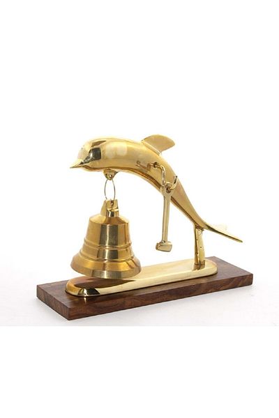 hediyeconcepti Special Design Wooden Pedestal Brass Dolphin Desktop Bell