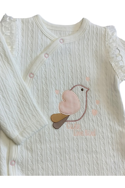 Bebitof Çaren Kids 100% Cotton Quilted Baby Jumpsuit with Bird Embroidery Snap Closure and Ruffle Tulle Detail