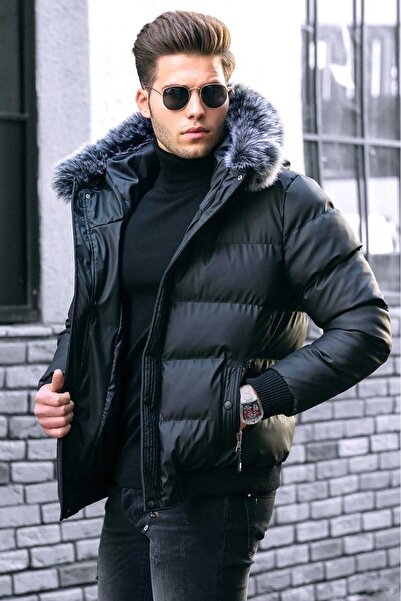 Clavi Yeni Sezon Kışlık Erkek Şişme Suni Deri Mont Çıkartılabilir Kürk Detaylı