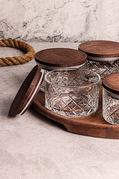 Snippy Milla Tray 6-Piece Wooden Vacuum Lid Glass Breakfast Multi-Purpose Glass Snack Bowl 230 Ml