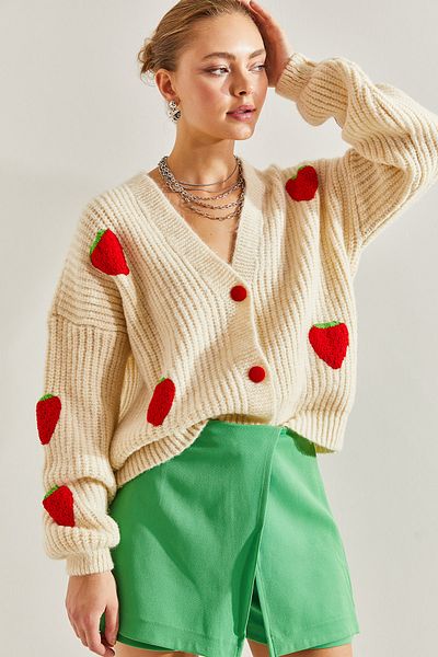 Bianco Lucci Erdbeer-Strickjacke für Damen mit Knöpfen
