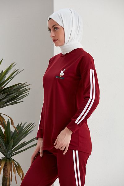 Defne Bahar Printed Stripe Detailed Double Hijab Suit Claret Red