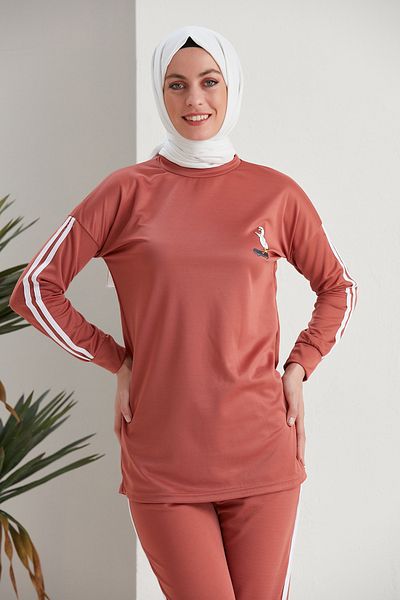 Defne Bahar Printed Stripe Detailed Double Hijab Set Onion Skin