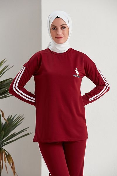 Defne Bahar Printed Stripe Detailed Double Hijab Suit Claret Red