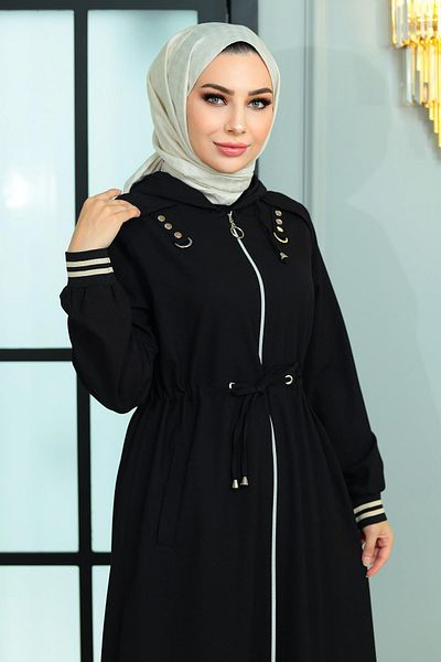 Modamihram Zippered Waist Laced Abaya Black 19167