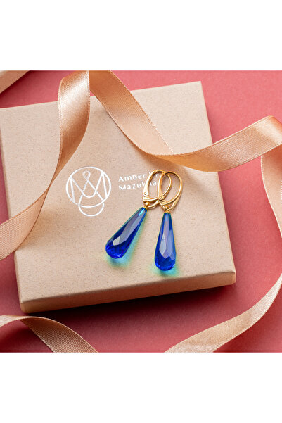 Amber by Mazukna Mavi Fasetli Damla Kesim Kehribar Küpe, 925 Gümüş Altın Kaplama Kilit, Genç, Yetişkin, Sertifikalı