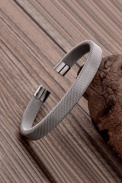 Chavin Braid Gray Handcuff Design Steel Men's Bracelet Eh04by