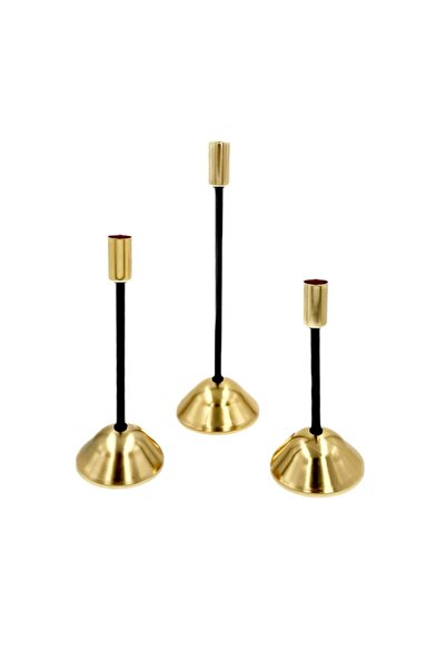 Genel Markalar Şık İnce Metal Mumluk Seti, Siyah ve Gold Detaylar, 3'lü Tasarım