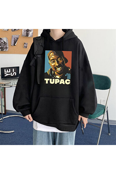 Touz Moda Street Wear Hip-Hop Tupac Shakur Φούτερ με στάμπα Unisex με μαύρη κουκούλα