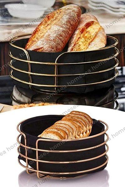 AŞKIN RENGİ Round Bread Basket Multi-Purpose Gold Stainless Basket Black Fabric