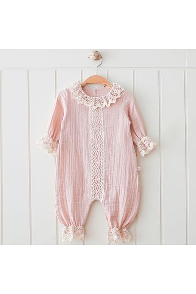 PARK BEBE Baby Girl Muslin Lace Collar Jumpsuit Natural Fabric 100% Cotton