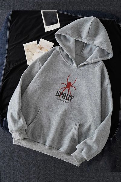 Rokeby Φούτερ με κουκούλα με τσέπη με κουκουλάκι Spirit Printed Unisex γκρι καγκουρό