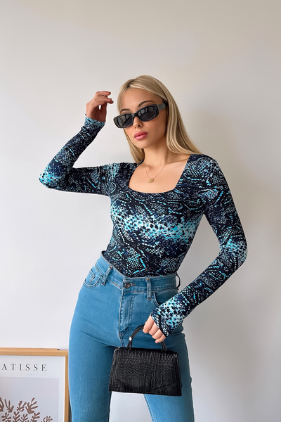 LACHT Bluză din viscoză cu mânecă lungă, cu model de șarpe, cu gât pătrat, se...