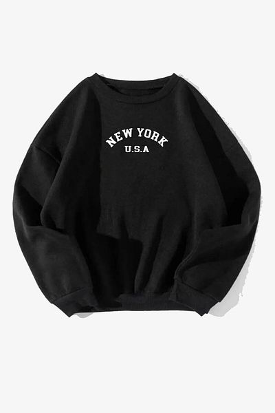 Rokeby Hanorac negru oversize din bumbac cu imprimeu New York