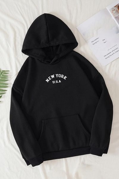 Rokeby Cotton Oversize New York Printed Kangaroo Pocket Hooded Black Sweatshirt Hoodie