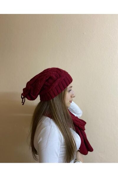 sema aksesuar Women's Burgundy Color Knitted Scarf and Beanie Set Set - Valentine's Day Winter Set of 2