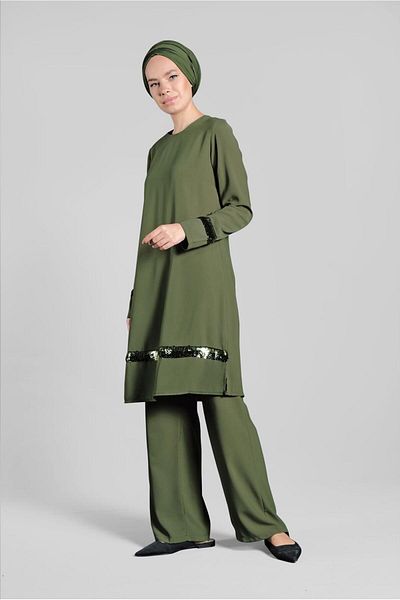 TRENDTESETTÜR Women's Khaki (A.KHAKI) Sequined 2-Piece Trousers Suit 8547