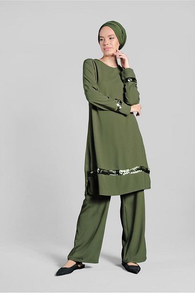 TRENDTESETTÜR Women's Khaki (A.KHAKI) Sequined 2-Piece Trousers Suit 8547