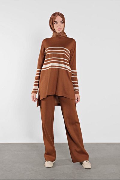 TRENDTESETTÜR Women's Brown (TILE) Striped Double Suit 1202