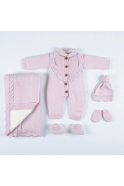 miniyou Baby Knitwear V-Neck Ruffle Knitted 100% Cotton 5-Piece Newborn Hospital Discharge Set My-4016bm