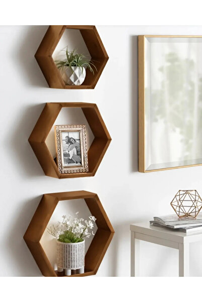ElaWoodWorking Ela Wood Working Doğal Ahşap 3'lü Altıgen Petek Duvar Rafı Ceviz