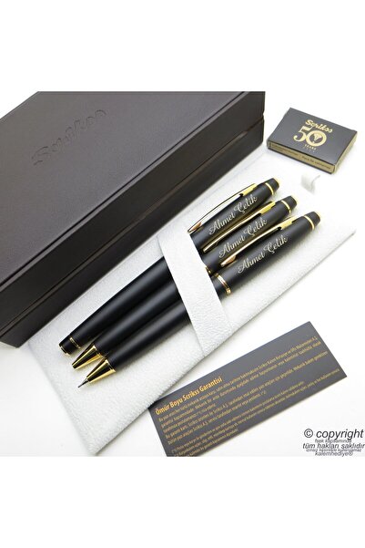 Scrikss 35 3'lü Set Mat Siyah Altın Deri Ahşap Kutulu | Dolma Kalem + Versati...