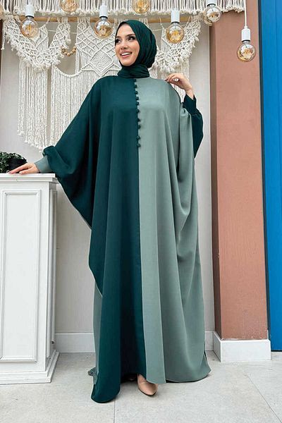 Bym Fashion Φόρεμα με λεπτομέρεια με διπλό χρώμα μπροστά με κουμπιά 3861 Emerald