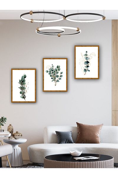 YALOVA SHOP Set de pictură decorativă cu ramuri de eucalipt din 3 piese (cadru imprimat cu aspect de nuc din lemn)