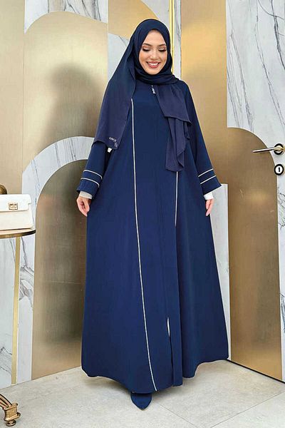 Bym Fashion Full Size Ferace Bym11 Navy Blue με λεπτομέρεια γραμμής και φερμουάρ στον λαιμό