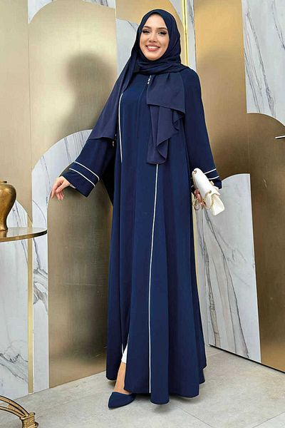 Bym Fashion Full Size Ferace Bym11 Navy Blue με λεπτομέρεια γραμμής και φερμουάρ στον λαιμό