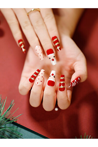 TipsArt Yılbaşı Desenli Simli Puantiyeli Düz Uzun Takma Tırnak Seti (24 Adet)