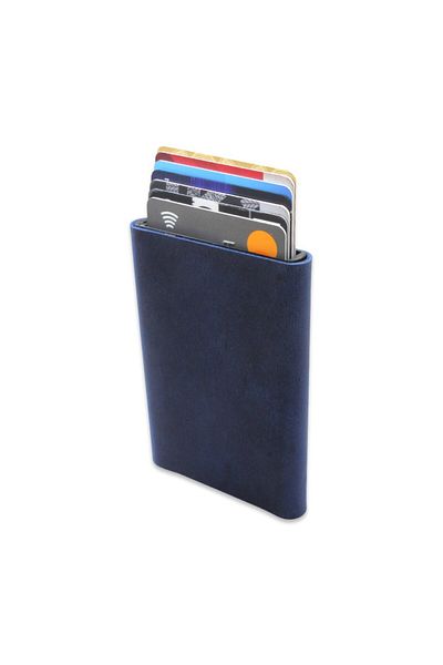 Tesbihane Modern Design All Hand Stitched Blue Crazy Leather Mechanized Card Holder-Wallet
