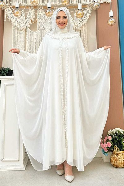 Bym Fashion Hooded Specified Part 5 Pieces Ruffle Detailed Ball Gown Evening Dress Set 3778 Ecru
