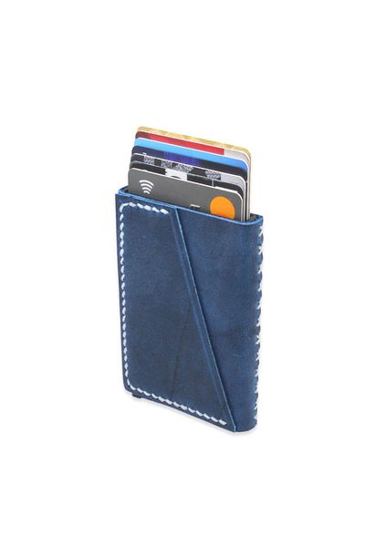 Tesbihane Cross Design All Hand Stitched Blue Crazy Leather Mechanized Card Holder-Wallet