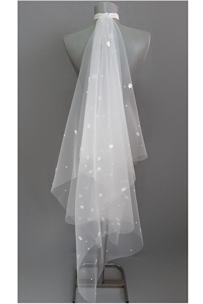 Suzanna Moda 1mt 20cm Boy Kırık Beyaz Incili Çiçekli Lazer Kesim Taraklı Haya...