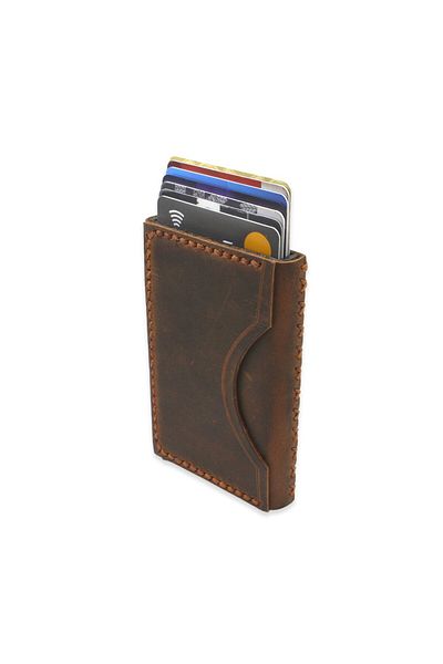 Tesbihane Minimal Design All Hand Stitched Brown Crazy Leather Mechanical Card Holder-Wallet