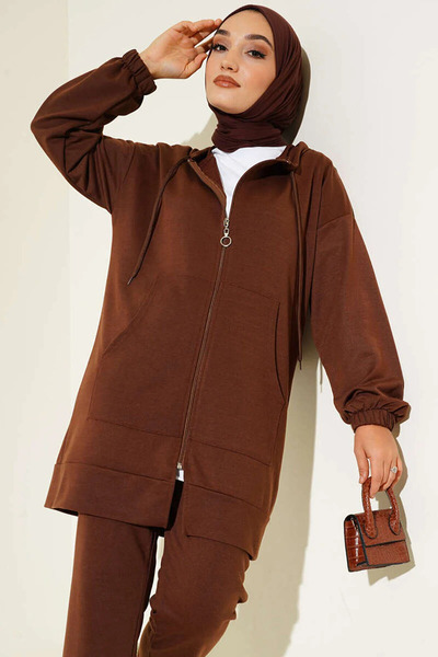 EC MODA مجموعة مزدوجة بغطاء للرأس وسحاب للسيدات