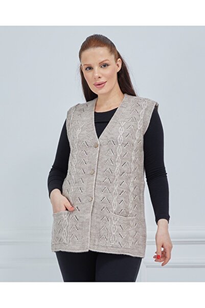 Fresh&Moda Women's V-Neck Chain Knitted Pocket Wool Mother Knitwear Vest