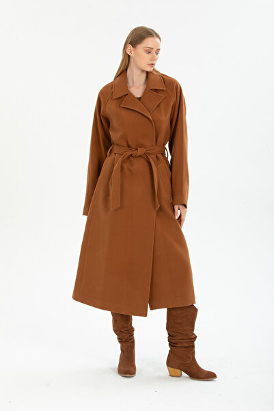 Pitti Kadın Yırtmaçlı Taba Fermuarlı Uzun Kuşaklı Kaban 70617