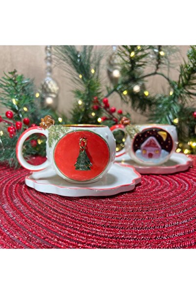 MAMALİZA El yapımı 2li seramik fincanı. Yılbaşı fincanları. Türk kahve fincan...