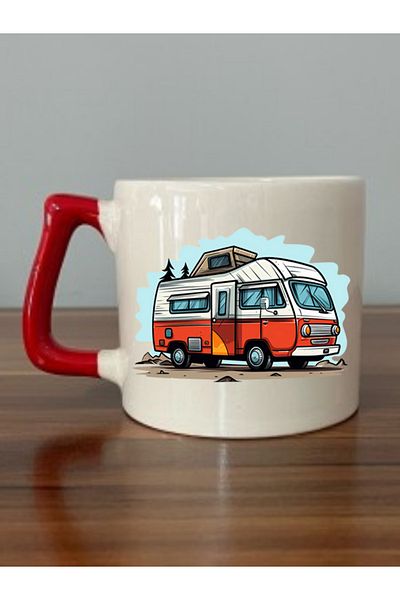 lili hediyelik Caravan And Holiday Themed Red Handle Mug Cup - Ceramic Tea, Coffee Gift Cup