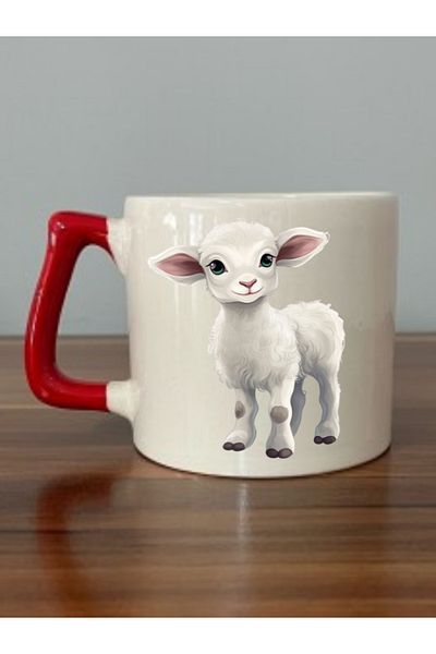 lili hediyelik Sheep Themed Red Handled Mug Cup - Ceramic Tea, Coffee Gift Cup