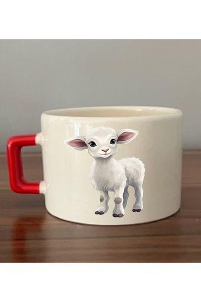 lili hediyelik Red Cup Ceramic Mug with Sheep Image - Ceramic Tea, Coffee Gift Cup