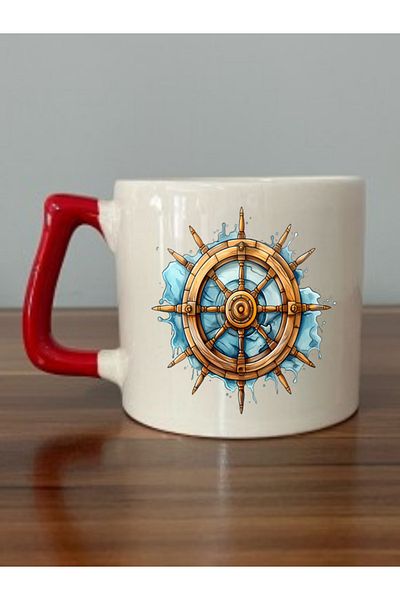 lili hediyelik Ship Wheel Themed Red Handle Mug Cup - Ceramic Tea, Coffee Gift Cup