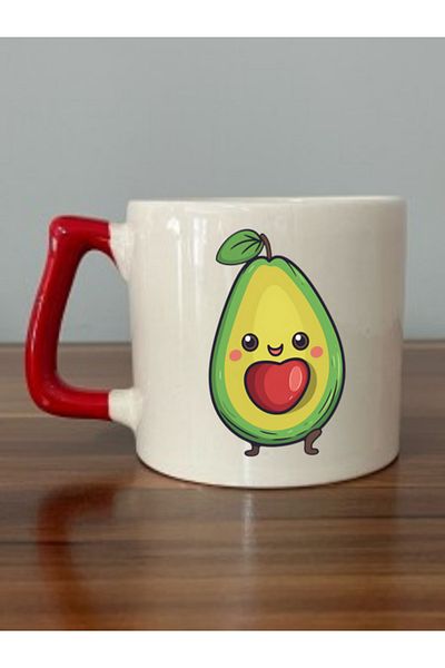 lili hediyelik Avocado Themed Red Handled Mug Cup - Ceramic Tea, Coffee Gift Cup