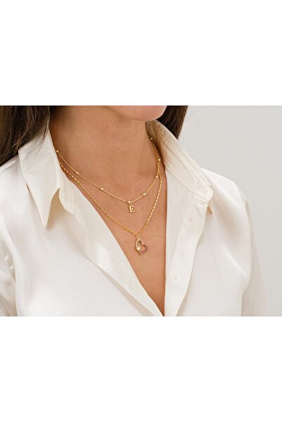 toptanhanem قلادة على شكل قلب مزدوج من حجر الزركون الفوشيا باللون الذهبي | قل...