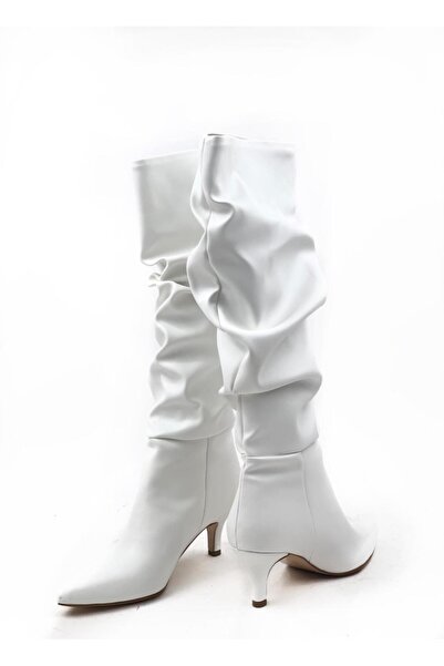 M&B COLLECT Vern Cİlt Білі ковбойські чоботи з підколінними манжетами, з мигдалеподібним каблуком, низьким каблуком