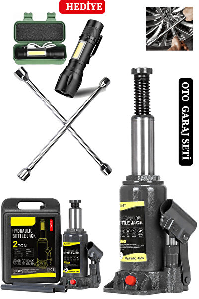STAXX POWER 2 Ton Kapasiteli Şişe Tip Araç Krikosu + 4'lü Bijon Set Full Oto Garaj Seti + El Feneri Hediyeli